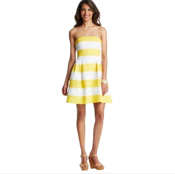 LOFT Yellow Strapless Striped Linen Dress Size 2 - Picture 1 of 6